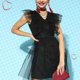 Athena Black Solid Tulle A-Line Dress-image-16