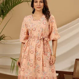 Juniper Floral Printed V-Neck Puff Sleeve Cotton A-Line Dress-picture-47