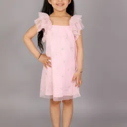 KidsDew Girls Pink Floral Net A-Line Dress-12