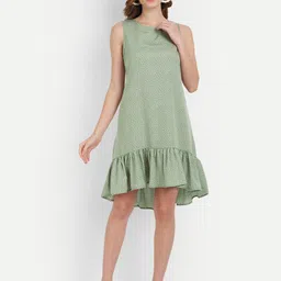 Rediscover Fashion Women Green Crepe Sleeveless Polka dot Frill dress-image-69