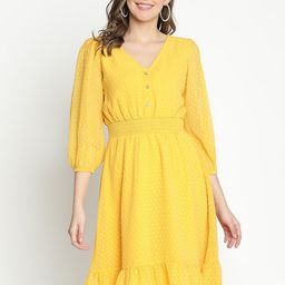 DRAAX Fashions Self Design V-Neck Puff Sleeves Smocked Details A-Line Dress-picture-39