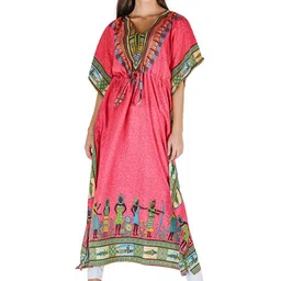 Exotic India Floral Printed V-Neck Kimono Sleeves Cotton A-Line Dress-image-81