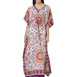 Exotic India V Neck Kimono Sleeves Floral Print Kaftan Dress-image-45