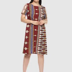 LastInch Maroon Geometric Print  A-Line Dress-image-72