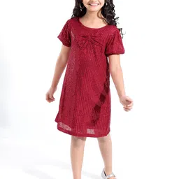 Hola Bonita Girls Round Neck Embellished Sequinned Detail Puff Sleeves Net A-Line Dress-image-86