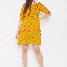 WineRed Yellow Floral Printed Dress-image-44