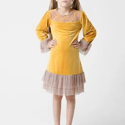 KATE & OSCARGirls  Mustard Yellow Velvet A-Line Dress With Layered Bottom-picture-11