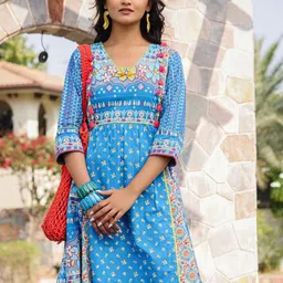 Juniper Floral Printed V-Neck Cotton A-Line Dress-image-33