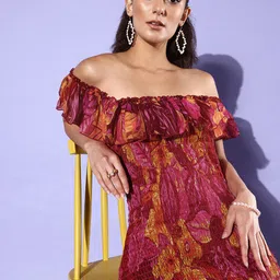 QUIERO Floral Print Off-Shoulder Chiffon A-Line Dress-image-31