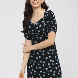 Tokyo Talkies Black Floral Crepe A-Line Dress-image-64