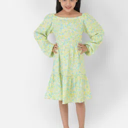 Crimsoune Club Girls Multicoloured Floral Crepe Square Neck A-Line Dress-image-16