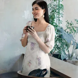 AND Cream-Coloured Floral Linen A-Line Dress-image-61