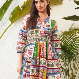SASSAFRAS Ethnic Motif Printed Pure Cotton Fit and Flare Dress-13