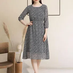 BAESD Floral Print Round Neck Puff Sleeves Fit & Flared Dress-picture-10