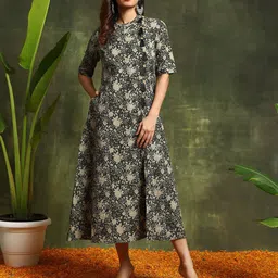 AKS Floral Printed Cotton A-Line Midi Dress-44