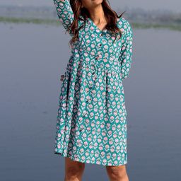 SootiSyahi Floral Print V-Neck Cotton Pleated A-Line Dress-image-58