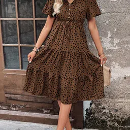 StyleCast Brown Floral Printed V-Neck Flared Sleeves Tiered Fit and Flare Dress-image-1