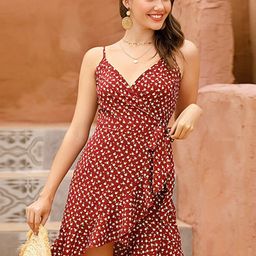 StyleCast Maroon Floral Printed Shoulder Straps Tie-Ups Detail Cotton Wrap Mini Dress-image-63