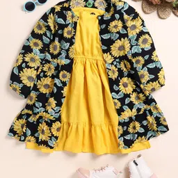 YK Girls Shoulder Straps Fit & Flare Dress With Printed Shrug-picture-0