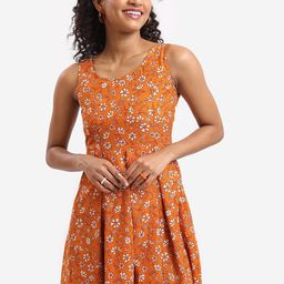 Tokyo Talkies Mustard Yellow & White Yellow Floral Printed Fit And Flare Mini Dress-image-1