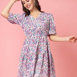 plusS White Floral Printed V-neck Gathered Tiered Fit & Flare Dress-picture-8