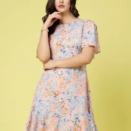 plusS Blue Abstract Printed Round Neck Flared Sleeve Tiered A-Line Dress-image-59