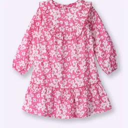 Beebay Girls Floral Printed Puff Sleeves Pleated Flounce Hem Cotton Drop-Waist Dress-image-54