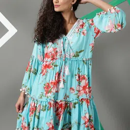 SHOWOFF V-Neck Floral Printed Tiered Crepe A-Line Dress-image-82