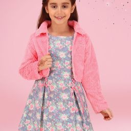 CUTECUMBER Girls Floral Print Applique Velvet A-Line Dress-picture-58