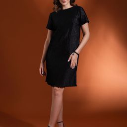 Globus Women Self Textured Round Neck Short Sleeves Sheath Dress-picture-19