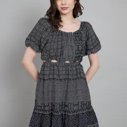 Amagyaa Abstract Print Round Neck Puff Sleeves Cotton A-Line Cut-Outs Dress-image-80