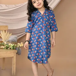 Sangria Girls Shirt Collar Elephant Printed Cotton Dress-image-16