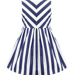 A T U N Navy Blue & White Striped Pure Cotton Dress-image-54