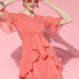 Berrylush Pink Self Design Ruffle Detail Dress-image-78