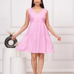 PIMU V-Neck Embroidered Cotton  Fit and Flare Dress-image-4