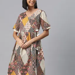 KALINI Ethnic Motifs Printed Angrakha Style Cotton Empire Dress-image-65