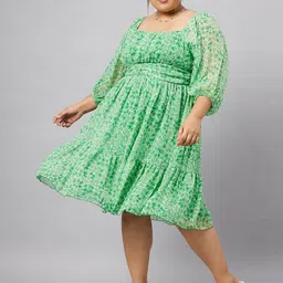 Antheaa Curve Plus Size Floral Printed Puff Sleeves Gathered & Tiered Chiffon Empire Dress-image-68