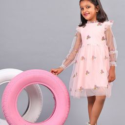 ZION Girls Floral Embroidered Puff Sleeve Ruffled Tulle Net Fit & Flare Dress-picture-3