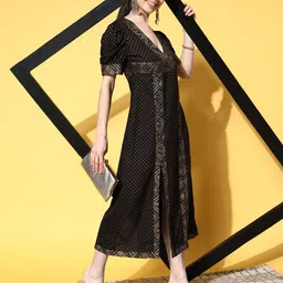 Sangria Polka Dots Print A-Line Peekaboo Slits Midi Ethnic Dress-5