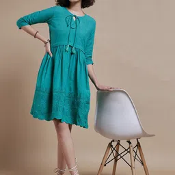 The Roadster Lifestyle Co. Embroidered Tie-Up Neck Cotton Fit and Flare Dress-image-54