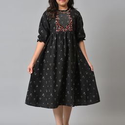 AURELIA Black Ethnic Motifs Satin Empire Midi Dress-13