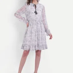 MINGLAY White Floral Chiffon A-Line Dress-image-37
