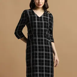 Allen Solly Woman Checked V-Neck Puff Sleeve Belted Sheath Dress-image-5