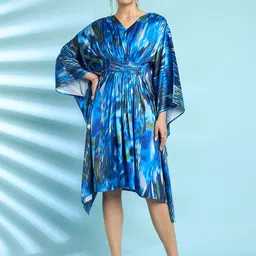 Antheaa Embellished Print Flared Sleeve Satin Kaftan Dress-image-34