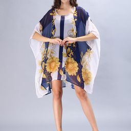 Aditi Wasan Floral Print Chiffon Round Neck Kimono Sleeves Semi Sheer Kaftan Dress-image-68