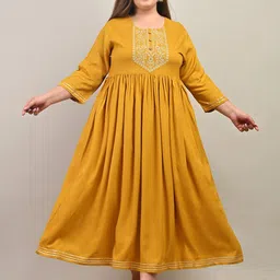 KALINI Plus Size Floral Embroidered Yoke Design Mirror Work Fit & Flare Maxi Ethnic Dress-picture-17