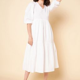 High Star Puff Sleeves Tiered Pure Cotton Fit & Flare Midi Dress-image-18
