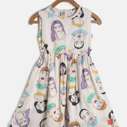 TALES & STORIES Girls Beige & Purple Graphic Printed Fit & Flare Dress-picture-57