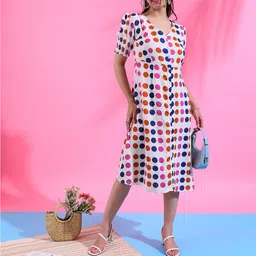 Campus Sutra White Polka Dots Printed V-Neck Puff Sleeves Smocked A-Line Midi Dress-image-39