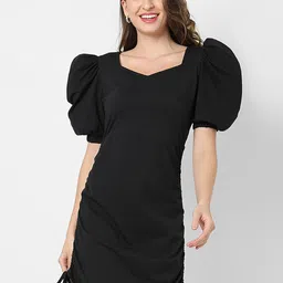 Campus Sutra Black Ruched Crepe Sheath Mini Dress-image-81